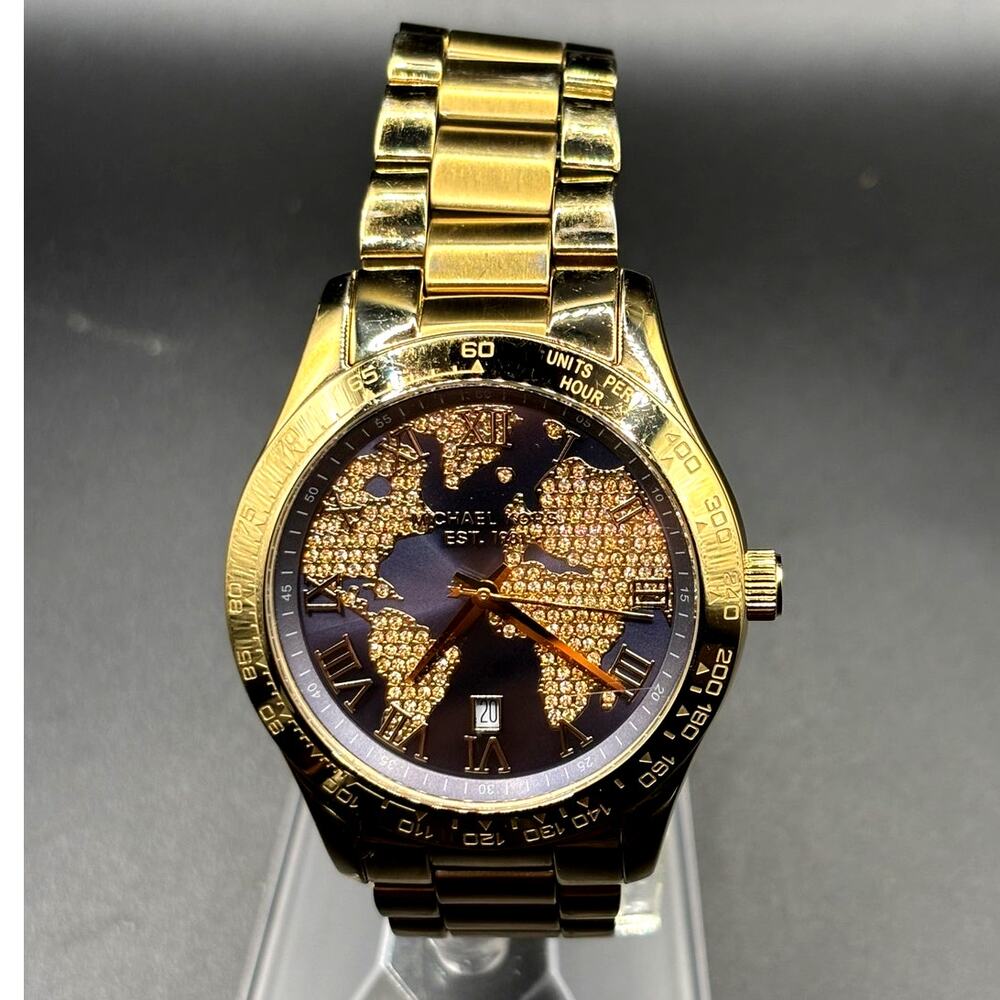 Michael Kors Layton MK6243 Gold Tone Blue Crystal Pave Globe Watch 44mm